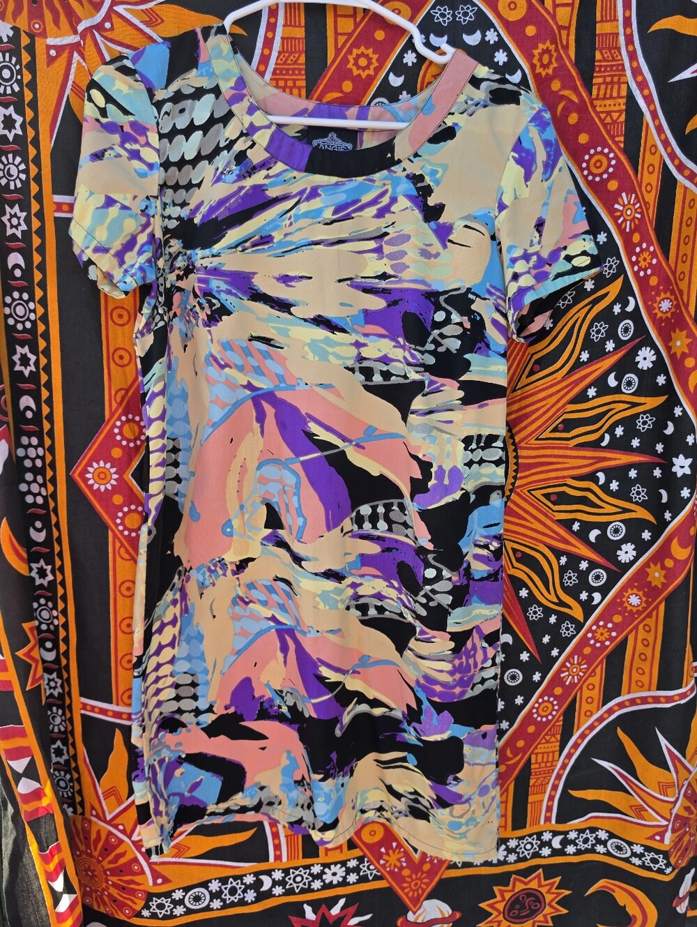 Angie Women’s Medium Abstract Multicolor Short Sleeve Shift Dress Y2K Boho